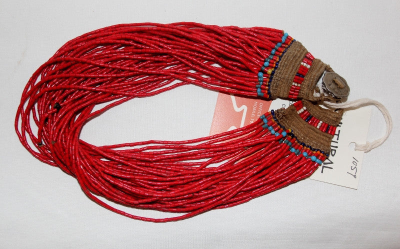 Glass Bead Necklace : Naga Small Red Multi-strand Glass Bead Necklace, with Macrame Closure #1059