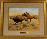 Western Artist, Russ Vickers (American, 1923-2007), “Buffalo Hunter” Oil on board, 1983, #985 Sold