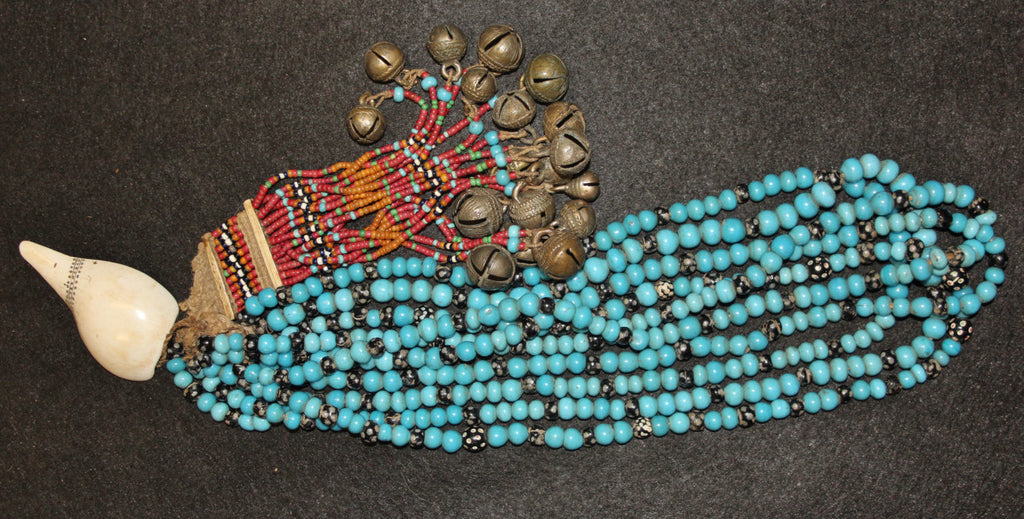 Nagaland : Authentic Konyak Naga Chief‰۪s Blue Padre Bead Necklace with Shells and Bells #604