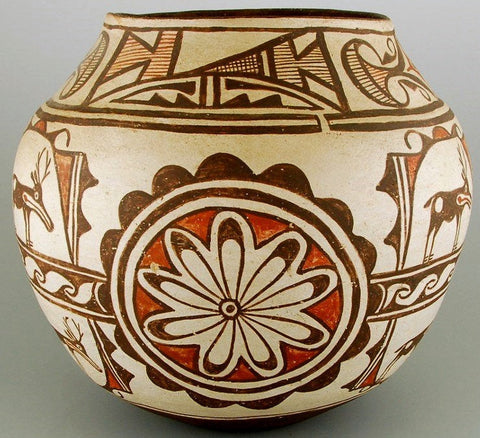 Native American Pottery, Poly chrome Pottery Jar, Circa 1920, With Deer and Rosettes, #678