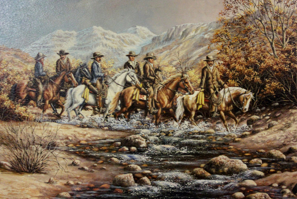 Painting : L. Karren-Brakke Oil Painting of a Group of Cowboys on Horses Crossing a Stream, L. Karren-Brakke Western Artist, CA 1970's, #694