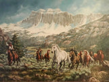 Western Oil Painting, by L. Karren-Brakke of running horses and Cowboys. Ca 1970's, C#1485