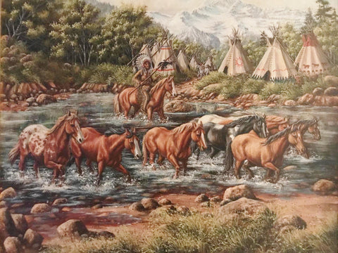 Western Oil Painting, by L. Karren-Brakke of Running Horses Crossing Stream, Ca 1970's, C#1486