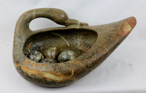 Beautiful Vintage Multi Colored Brazilian Soapstone Swan with Eggs, Ca 1980's, #1544